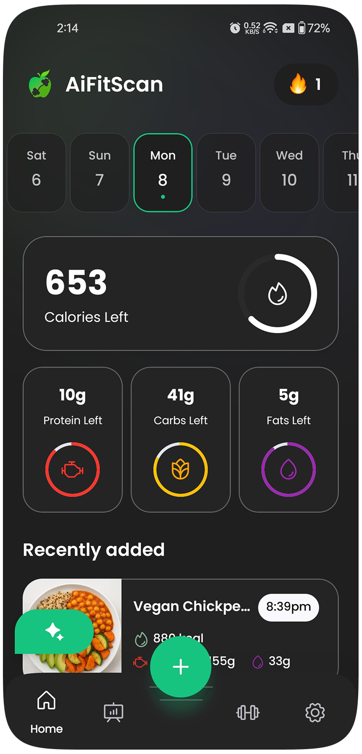 AiFitScan dark mode – calorie and weight tracker